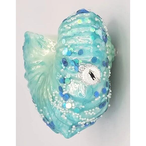 Vintage Blown Glass Sea Shell Beaded Christmas Ornament Teal Blue PB178 - Picture 5 of 5